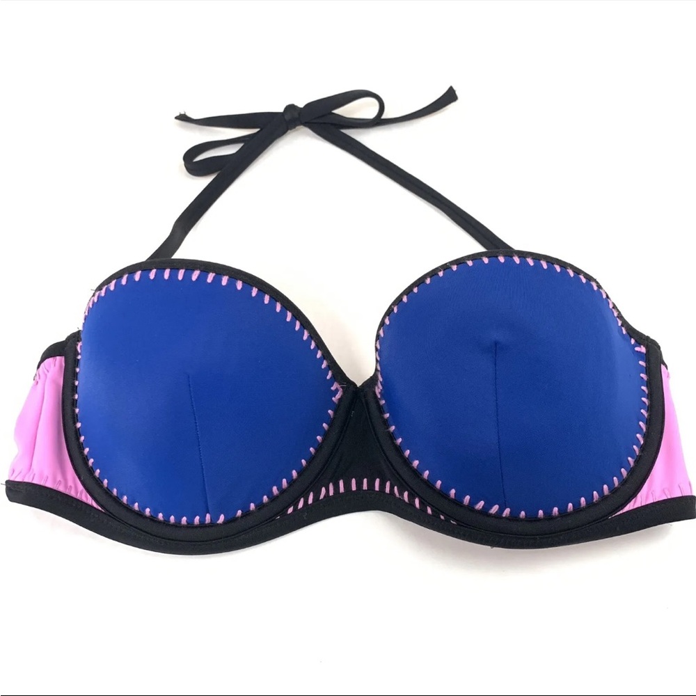 Victorias Secret Bikini Top 34D Flirt Bandeau Black Blue Padded Underwire Halter